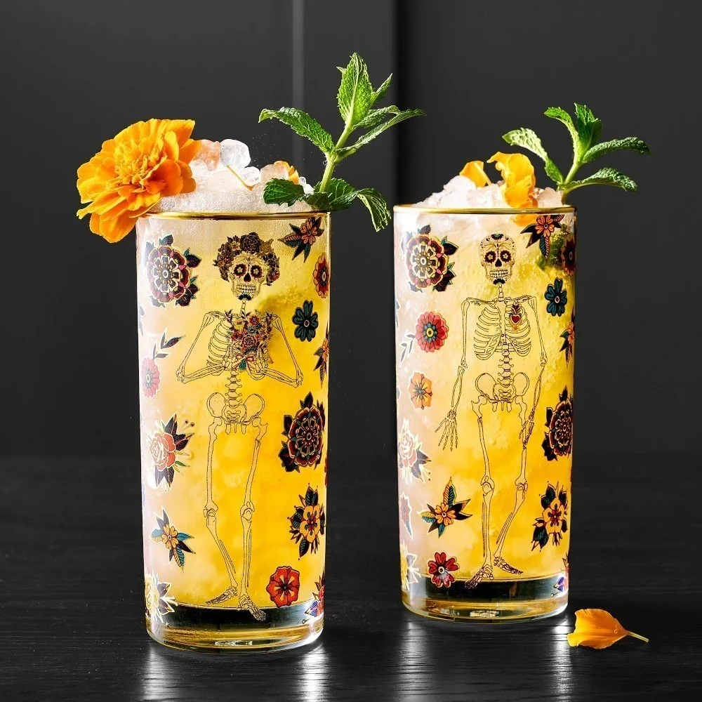 Set Of 4 Williams Sonoma Day Of The Dead Highball Glasses Halloween 16oz   NEW